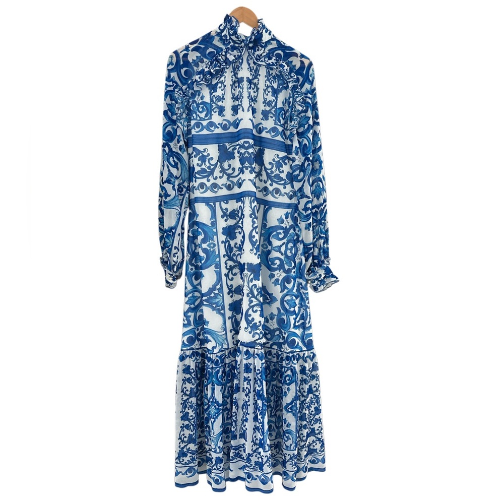 Christina Berla/Berla Couture 100% Silk Shifon Blue/ White Maxi dress with belt